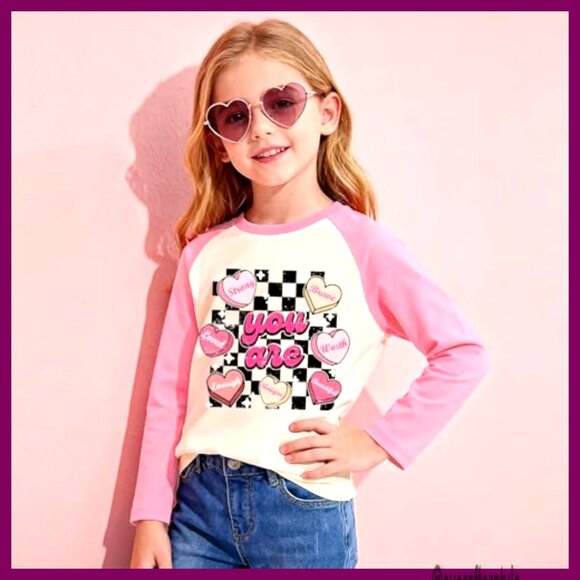Girls Valentine Raglan Long Sleeve Tee Cotton Sweet Heart Print 4-13T - Picture 2 of 5